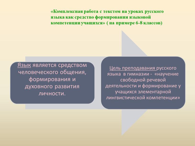 Комплексная работа с текстом на уроках русского языка как средство формирования языковой компетенции учащихся» ( на примере 6-8 классов)