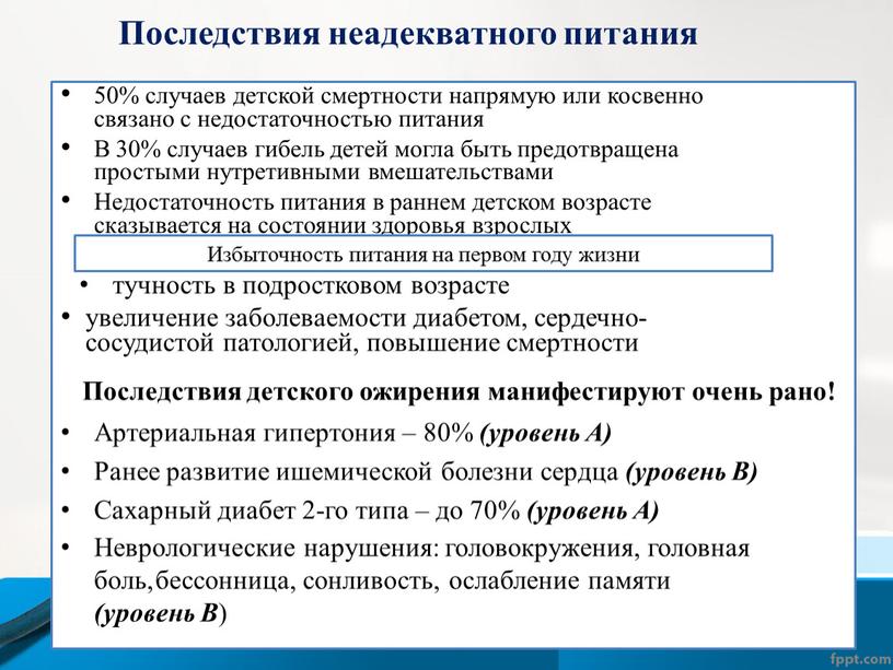 Последствия неадекватного питания 50% случаев детской смертности напрямую или косвенно связано с недостаточностью питания