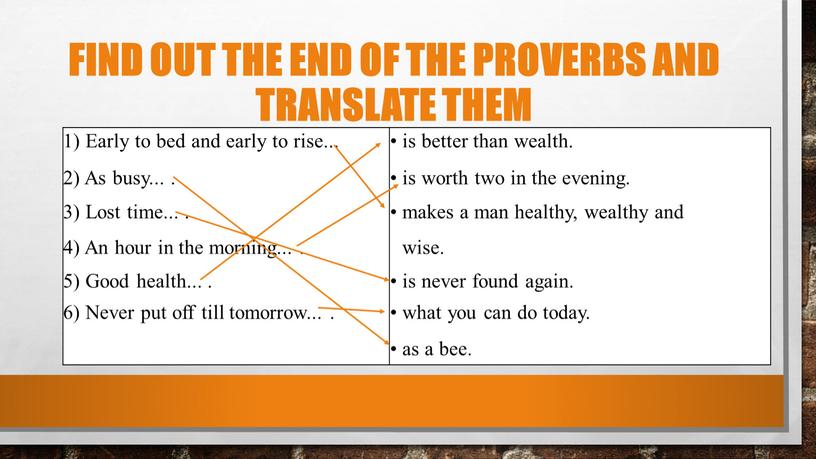 Find out the end of the proverbs and translate them 1)