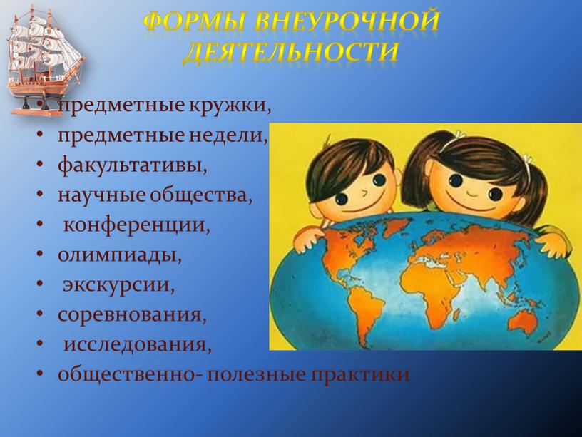 Формы внеурочной деятельности предметные кружки, предметные недели, факультативы, научные общества, конференции, олимпиады, экскурсии, соревнования, исследования, общественно- полезные практики