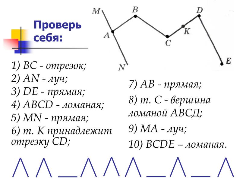 Проверь себя: 1) ВС - отрезок; 2)