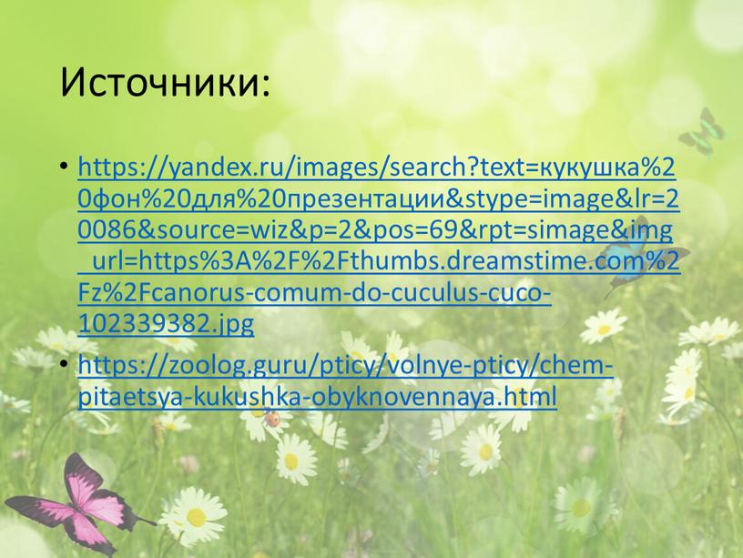 Источники: https://yandex.ru/images/search?text=кукушка%20фон%20для%20презентации&stype=image&lr=20086&source=wiz&p=2&pos=69&rpt=simage&img_url=https%3A%2F%2Fthumbs