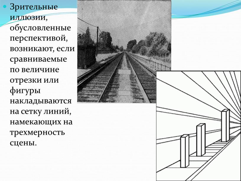 Зрительные иллюзии, обусловленные перспективой, возникают, если сравниваемые по величине отрезки или фигуры накладываются на сетку линий, намекающих на трехмерность сцены