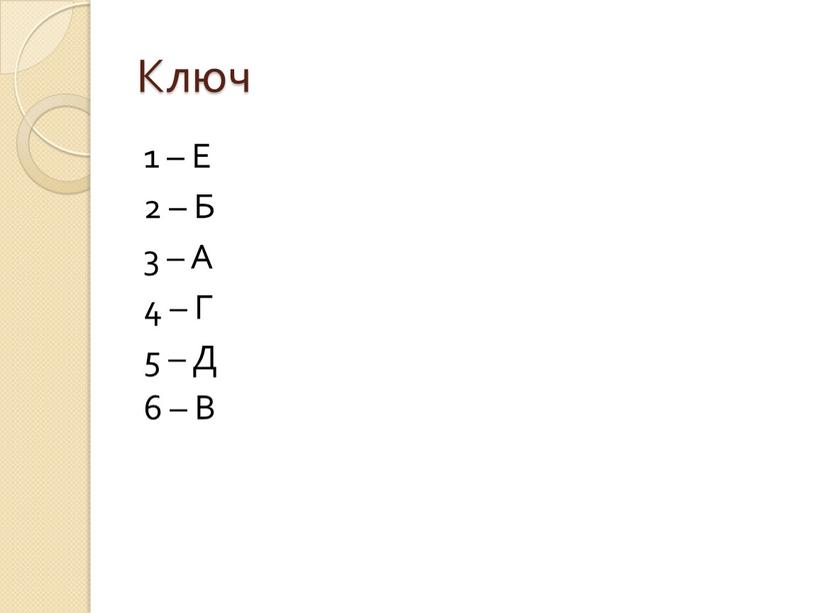 Ключ 1 – Е 2 – Б 3 – А 4 – Г 5 –