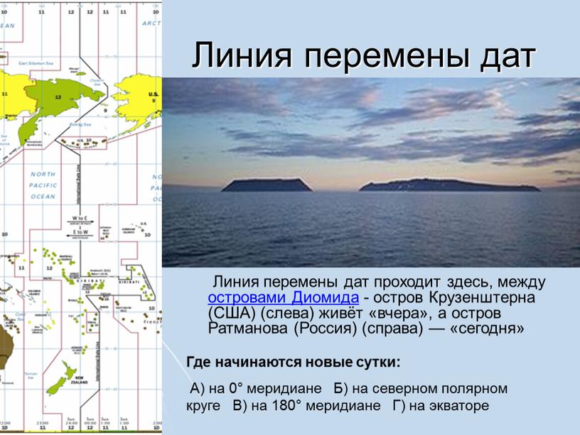 Линия перемены дат Линия перемены дат проходит здесь, между островами