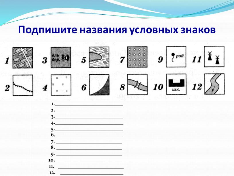 Подпишите названия условных знаков 1