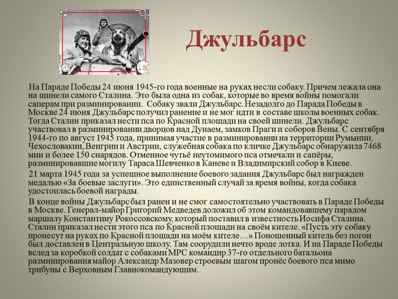 Джульбарс На Параде Победы 24 июня 1945-го года военные на руках несли собаку