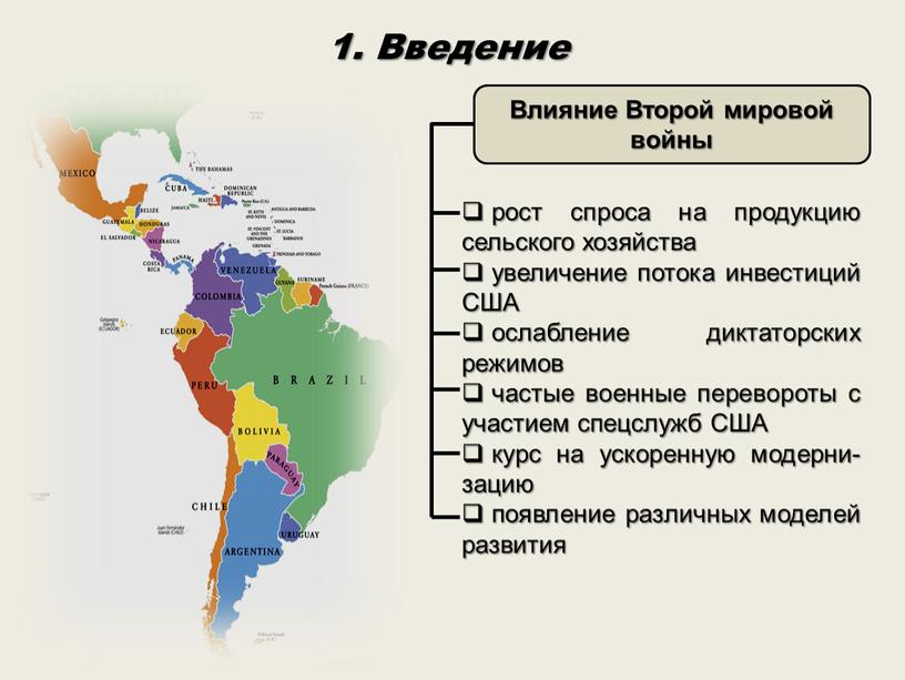 Введение Влияние Второй мировой войны рост спроса на продукцию сельского хозяйства увеличение потока инвестиций