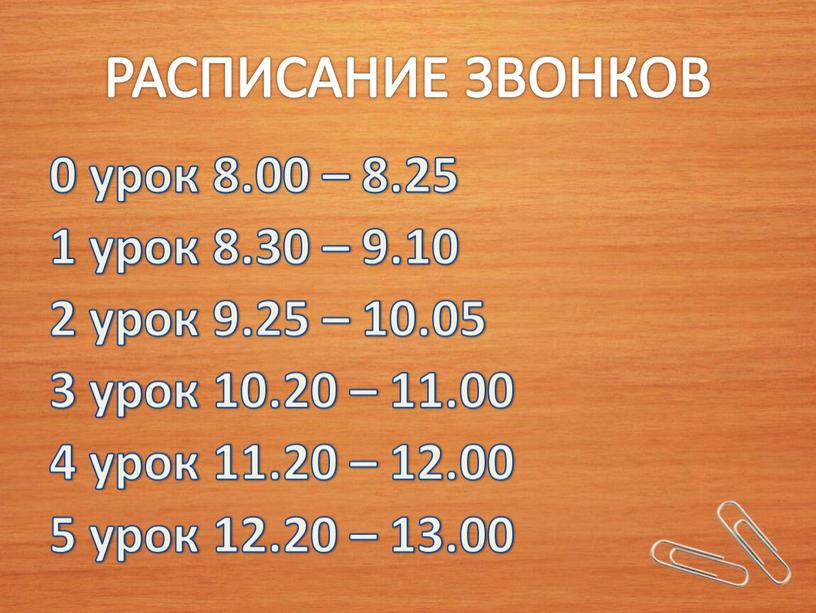 РАСПИСАНИЕ ЗВОНКОВ 0 урок 8.00 – 8