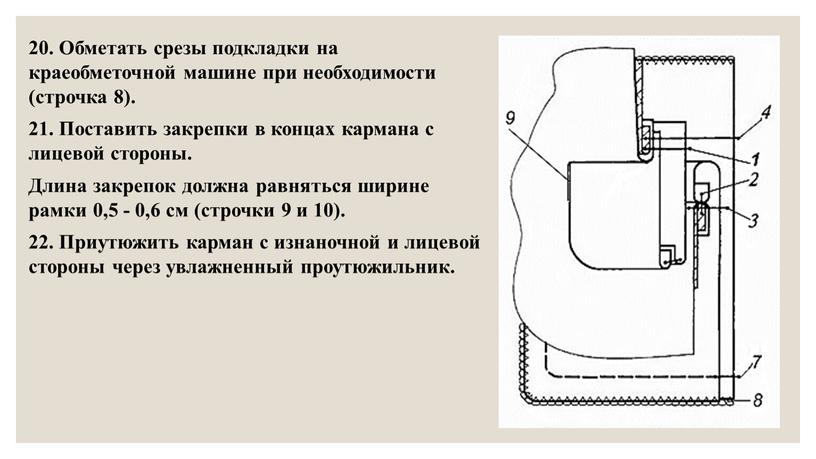 Обметать срезы подкладки на краеобметочной машине при необходимости (строчка 8)