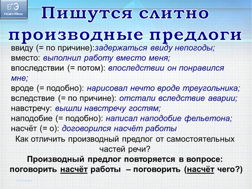 Пишутся слитно производные предлоги ввиду (= по причине): задержаться ввиду непогоды; вместо: выполнил работу вместо меня; впоследствии (= потом): впоследствии он понравился мне; вроде (=…