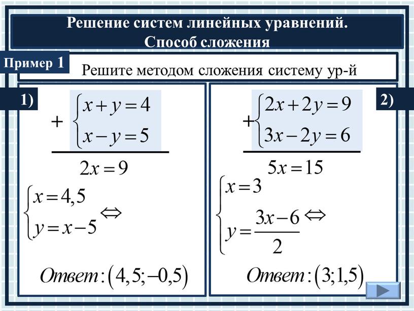 Решите методом сложения систему ур-й + + 1 1) 2)