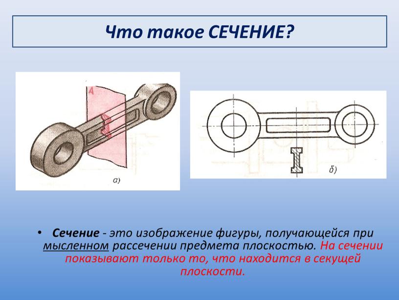 Сечение - это изображение фигуры, получающейся при мысленном рассечении предмета плоскостью