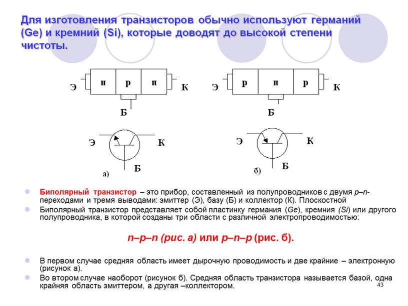 Для изготовления транзисторов обычно используют германий (Ge) и кремний (Si), которые доводят до высокой степени чистоты