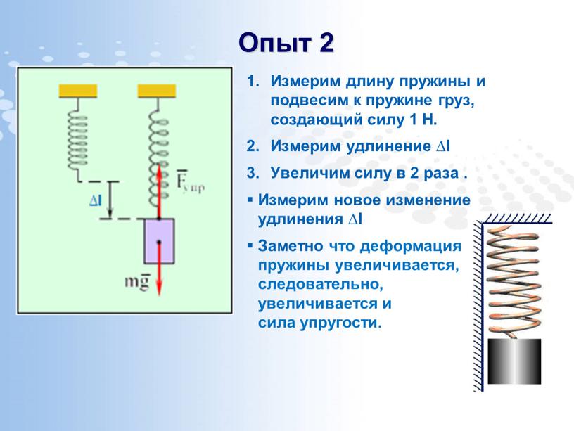 Опыт 2 Измерим длину пружины и подвесим к пружине груз, создающий силу 1