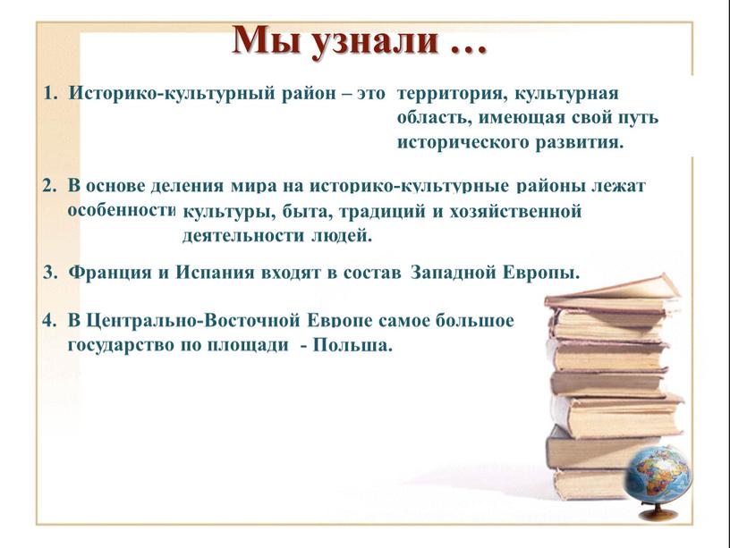 Мы узнали … 1. Историко-культурный район – это … территория, культурная область, имеющая свой путь исторического развития