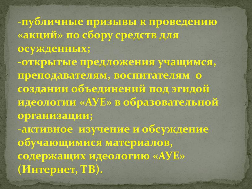 АУЕ» в образовательной организации; активное изучение и обсуждение обучающимися материалов, содержащих идеологию «АУЕ» (Интернет,