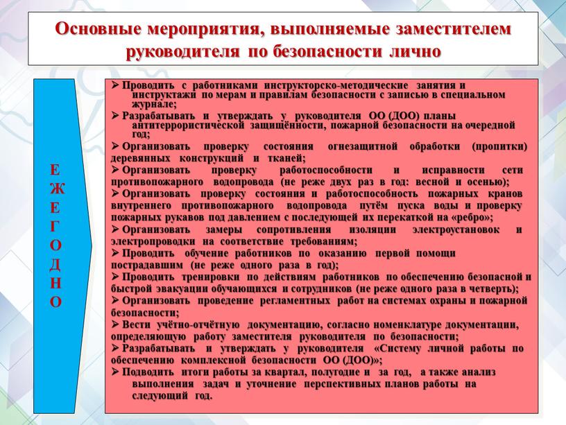 Основные мероприятия, выполняемые заместителем руководителя по безопасности лично 