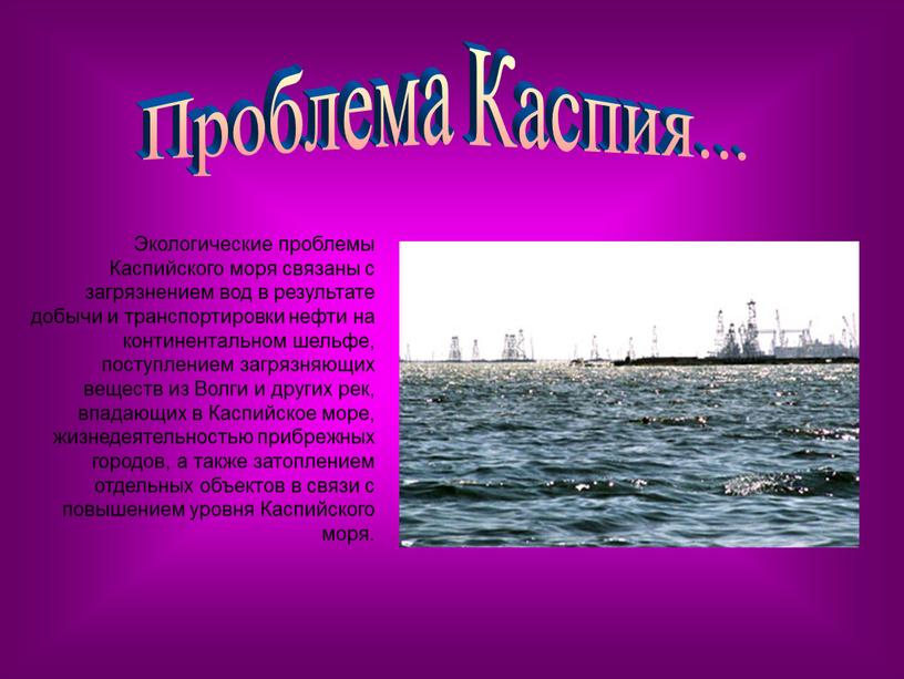 Экологические проблемы Каспийского моря связаны с загрязнением вод в результате добычи и транспортировки нефти на континентальном шельфе, поступлением загрязняющих веществ из