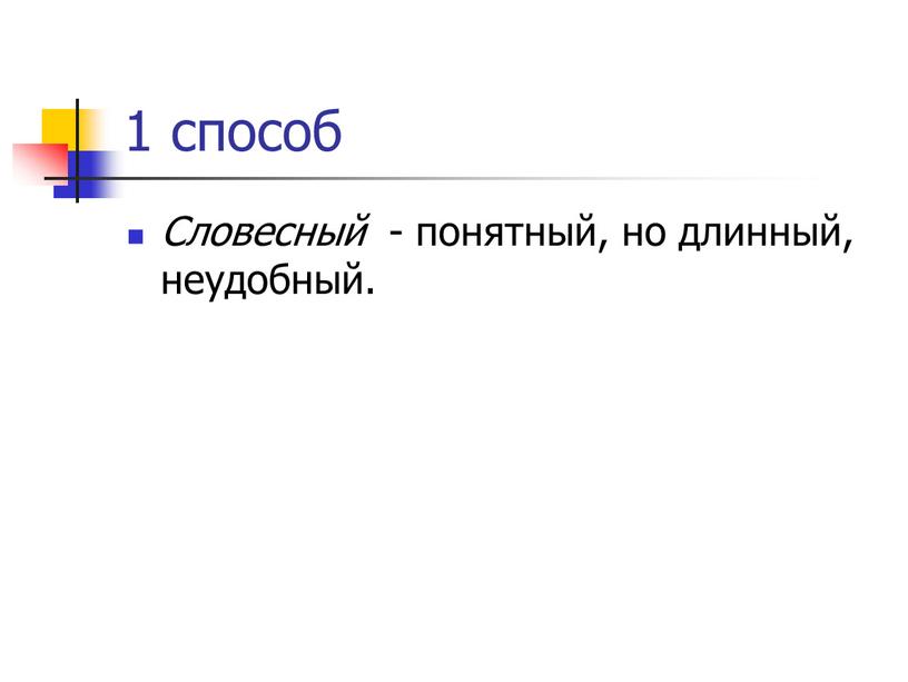 Словесный - понятный, но длинный, неудобный