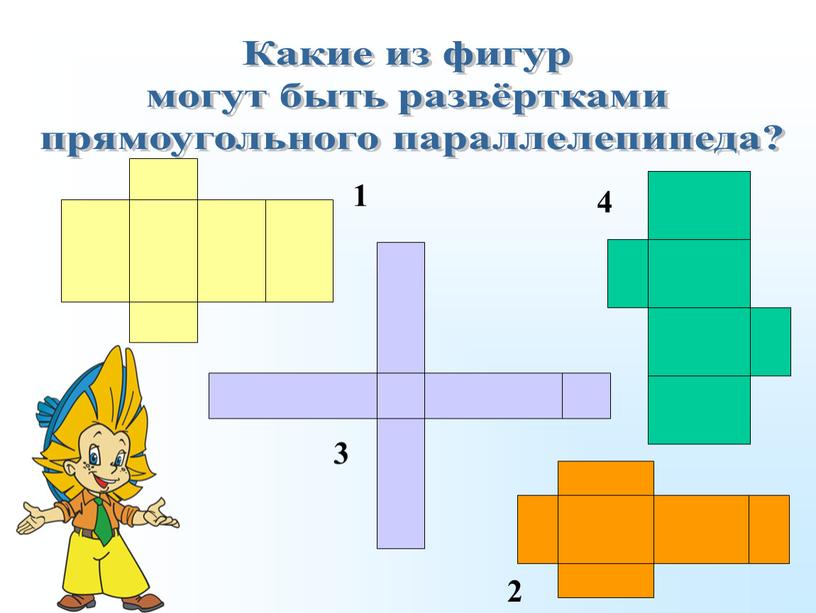 Какие из фигур могут быть развёртками прямоугольного параллелепипеда? 1 2 3 4