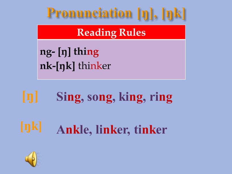 Pronunciation [ŋ], [ŋk] [ŋ] Sing, song, king, ring [ŋk]