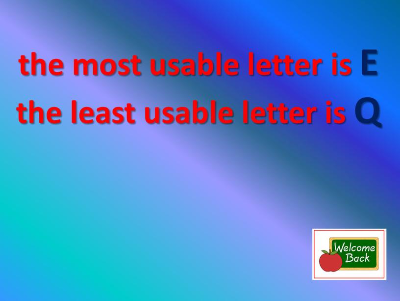 the most usable letter is E the least usable letter is Q