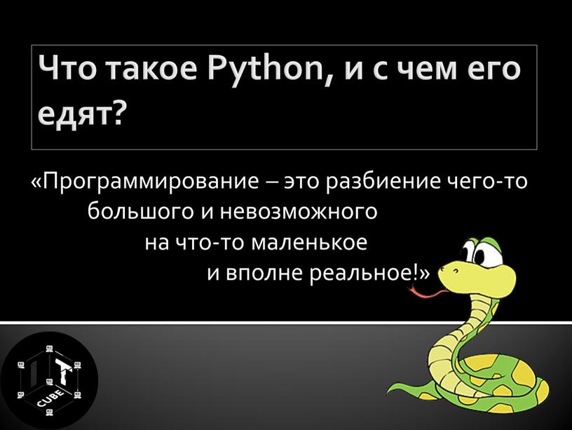 Что такое Python, и с чем его едят? «Программирование – это разбиение чего-то большого и невозможного на что-то маленькое и вполне реальное!»