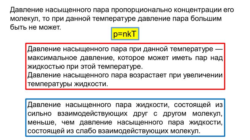 Давление насыщенного пара пропорционально концентрации его молекул, то при данной температуре давление пара большим быть не может