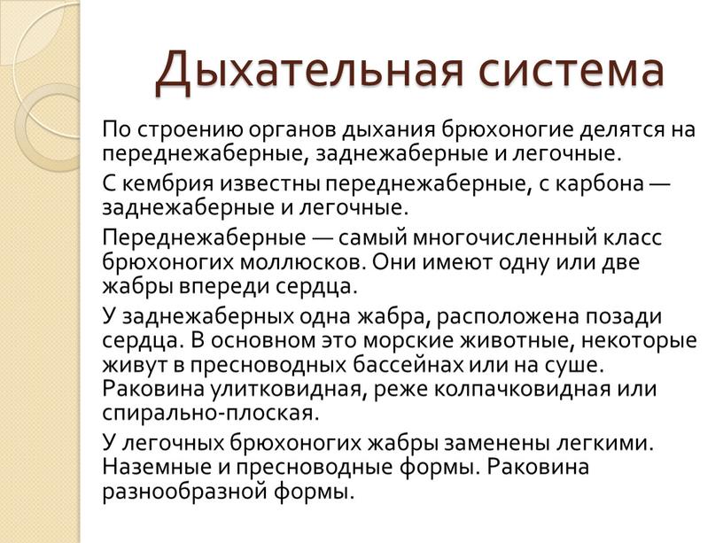 Дыхательная система По строению органов дыхания брюхоногие делятся на переднежаберные, заднежаберные и легочные