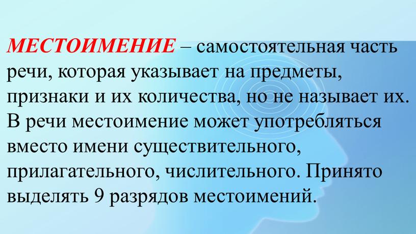 МЕСТОИМЕНИЕ – самостоятельная часть речи, которая указывает на предметы, признаки и их количества, но не называет их