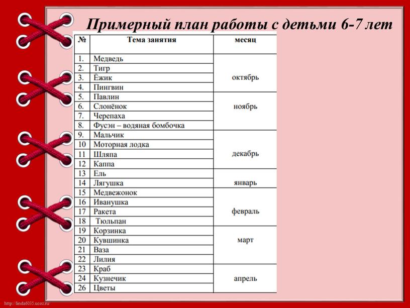 Примерный план работы с детьми 6-7 лет