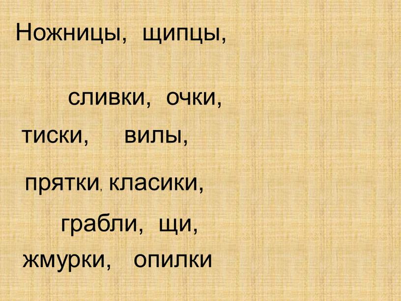 Ножницы, щипцы, сливки, очки, тиски, вилы, прятки, класики, грабли, щи, жмурки, опилки