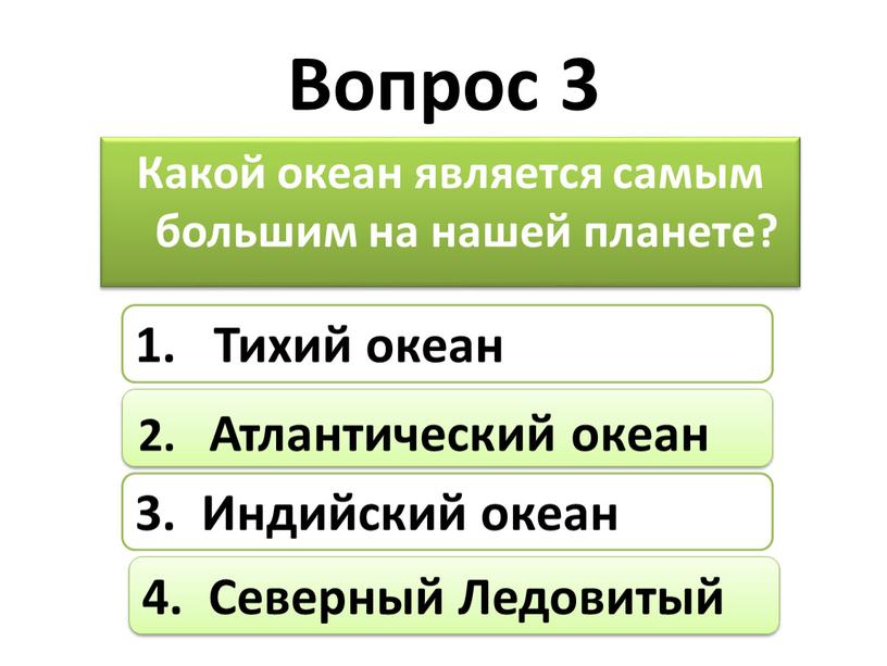 Вопрос 3 Какой океан является самым большим на нашей планете? 1