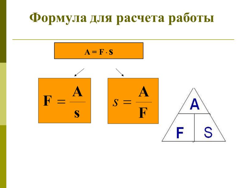 A = F ∙ s Формула для расчета работы