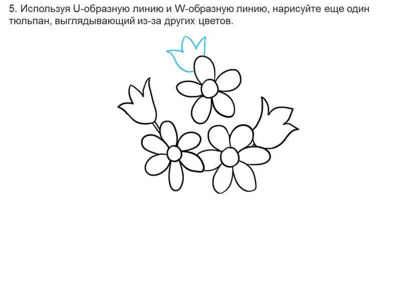 Используя U-образную линию и W-образную линию, нарисуйте еще один тюльпан, выглядывающий из-за других цветов