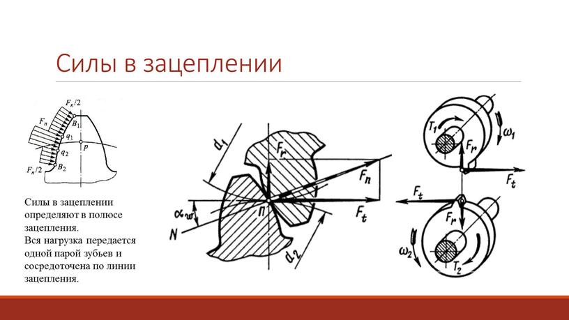 Силы в зацеплении Силы в зацеплении определяют в полюсе зацепления