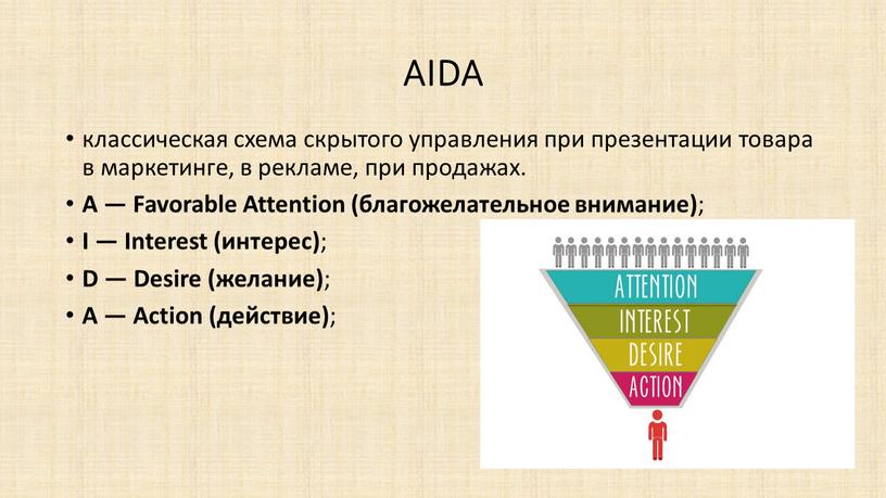 AIDA классическая схема скрытого управления при презентации товара в маркетинге, в рекламе, при продажах