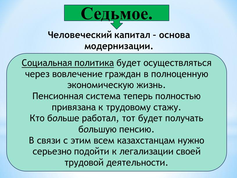 Седьмое. Социальная политика будет осуществляться через вовлечение граждан в полноценную экономическую жизнь