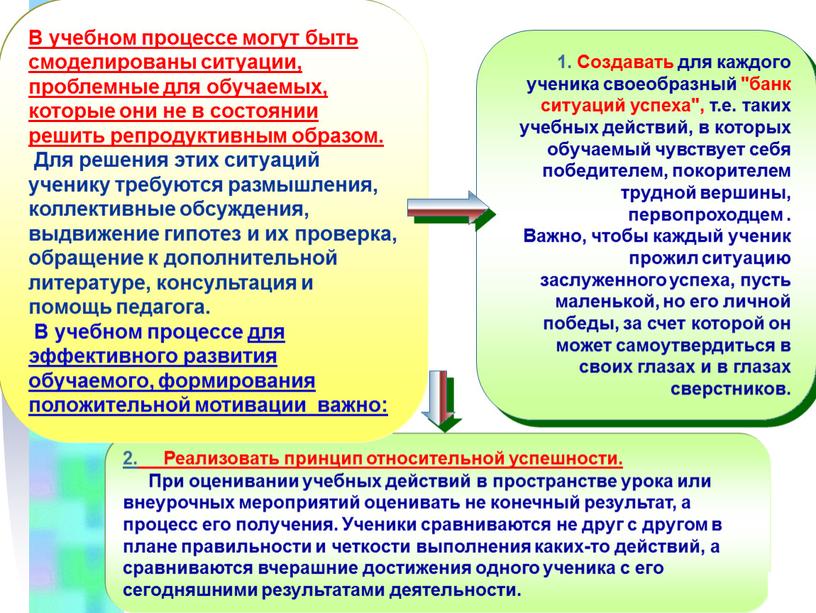 Создавать для каждого ученика своеобразный "банк ситуаций успеха", т