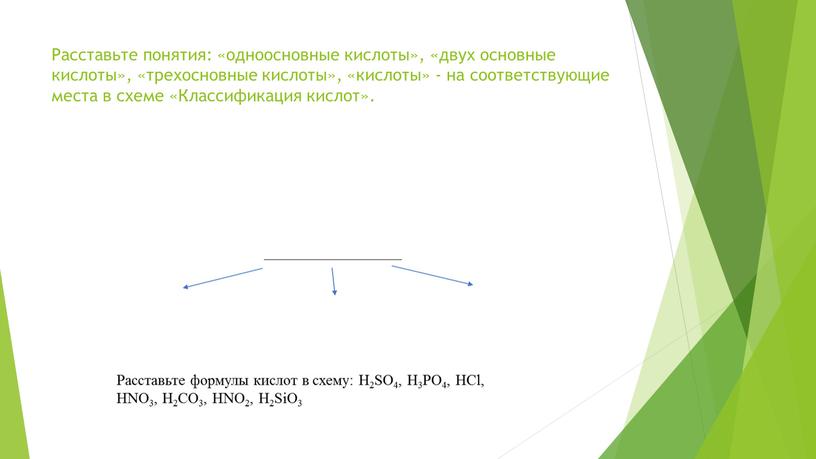 Расставьте понятия: «одноосновные кислоты», «двух основные кислоты», «трехосновные кислоты», «кислоты» - на соответствующие места в схеме «Классификация кислот»