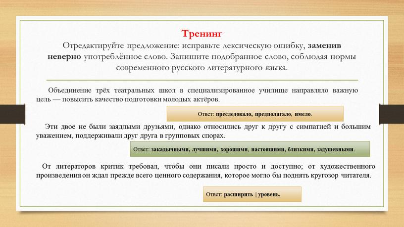 Тренинг Отредактируйте предложение: исправьте лексическую ошибку, заменив неверно употреблённое слово