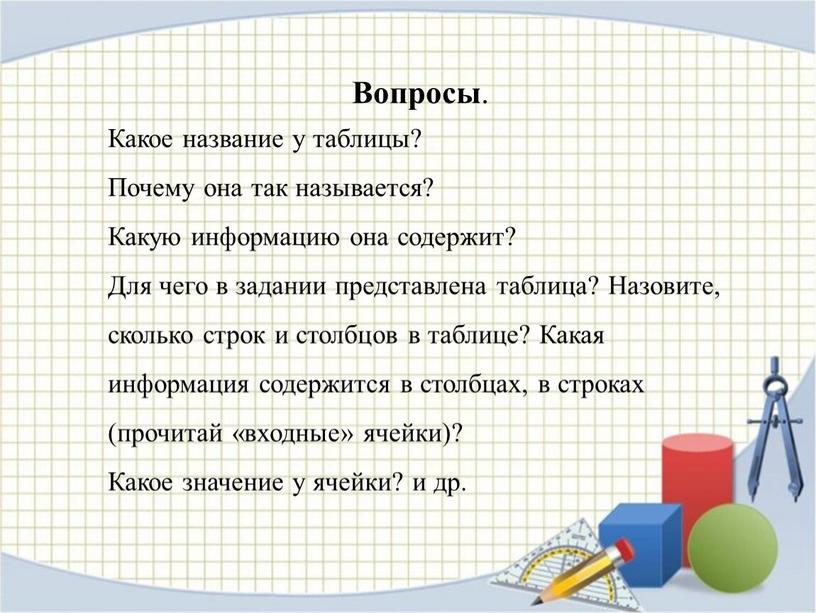 Вопросы . Какое название у таблицы?