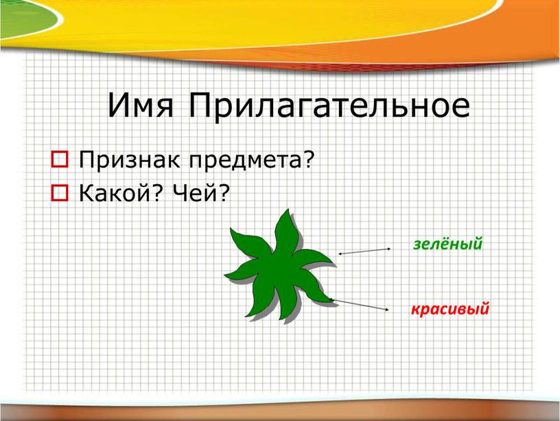 Признак предмета? Какой? Чей? зелёный красивый