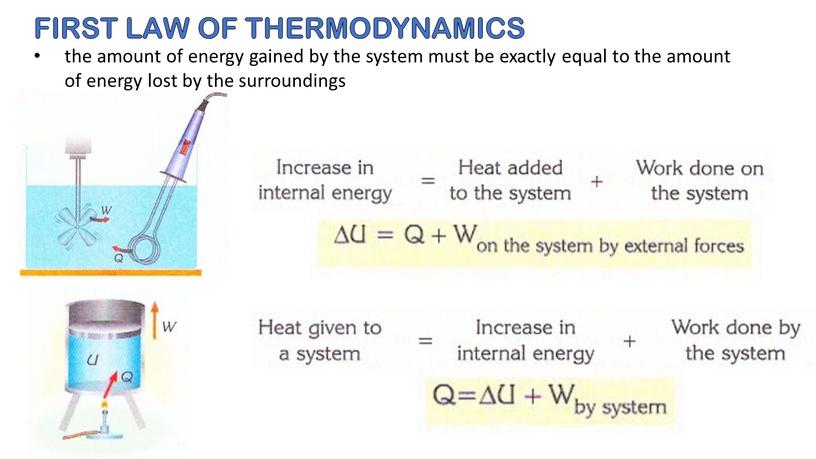 FIRST LAW OF THERMODYNAMICS the amount of energy gained by the system must be exactly equal to the amount of energy lost by the surroundings