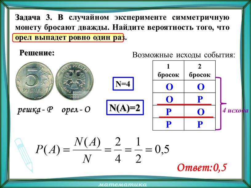 Задача 3. В случайном эксперименте симметричную монету бросают дважды