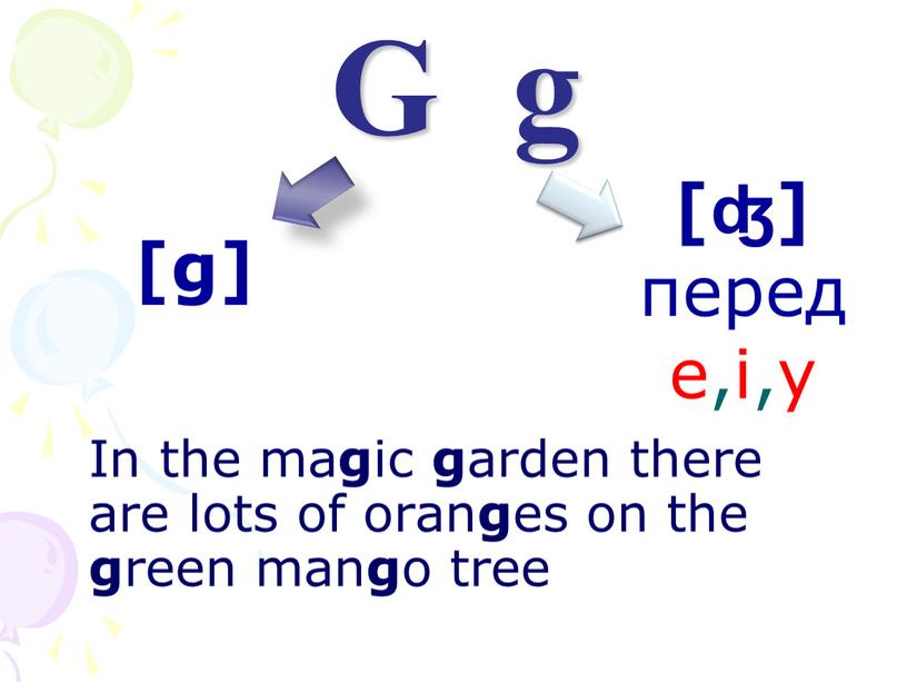 G g In the ma g ic g arden there are lots of oran g es on the g reen man g o tree [ʤ]…