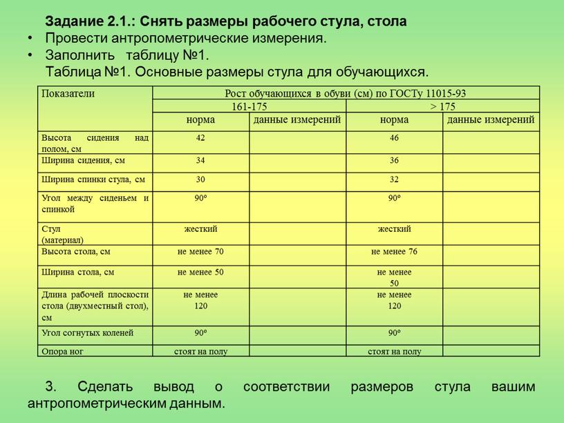 Задание 2.1.: Снять размеры рабочего стула, стола