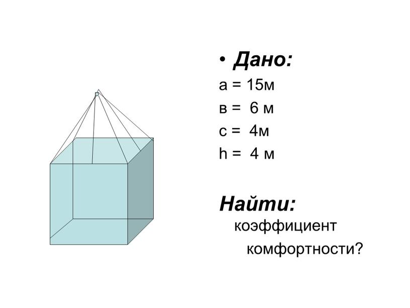 Дано: а = 15м в = 6 м с = 4м h = 4 м