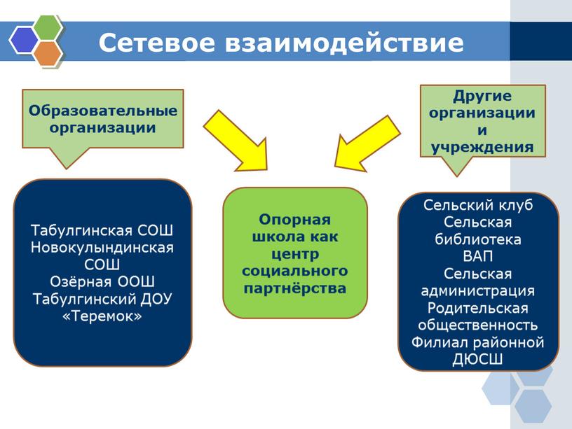 Сетевое взаимодействие Опорная школа как центр социального партнёрства